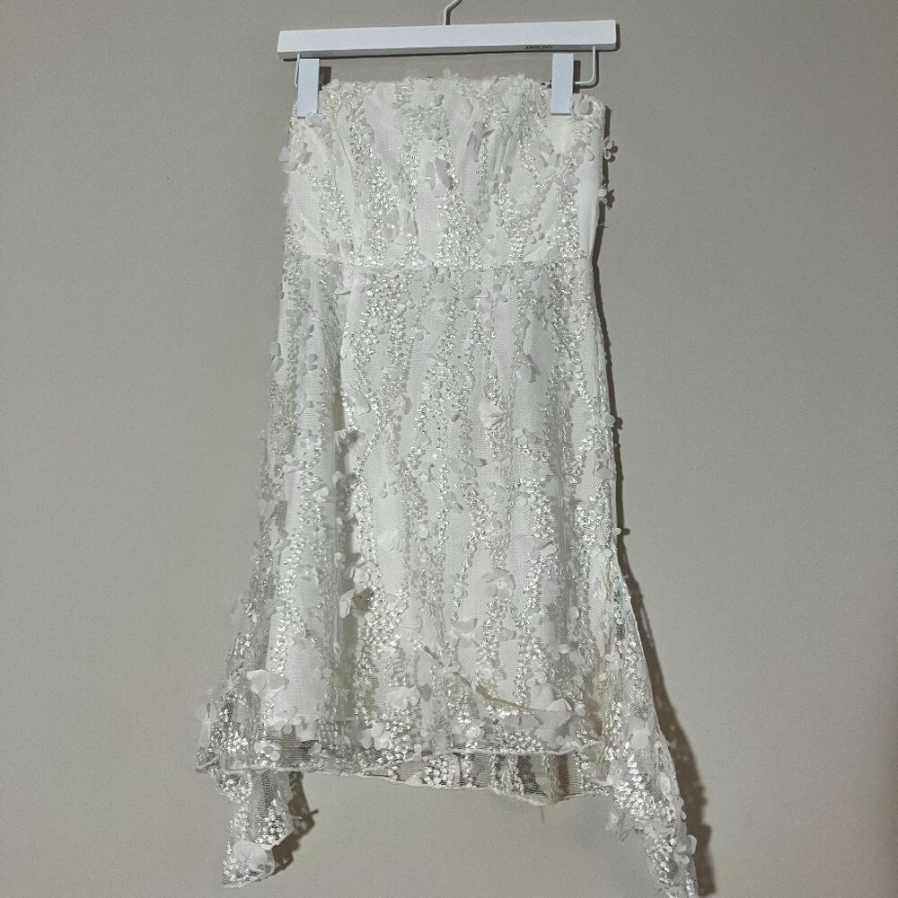 Saints and Secrets Elegant White Mini Dress with Lace overlay